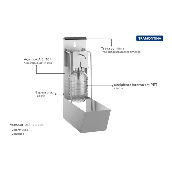 Encontraproduto.com.br - Dispenser para Sabão e Álcool Gel Tramontina em Aço Inox Scotch Brite e Recipiente em PET 500 ml