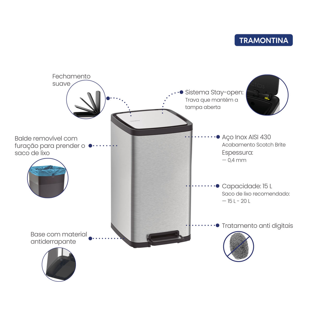 Encontraproduto.com.br - Lixeira Tramontina Inox com Balde Removível e Pedal 20L 94544/420