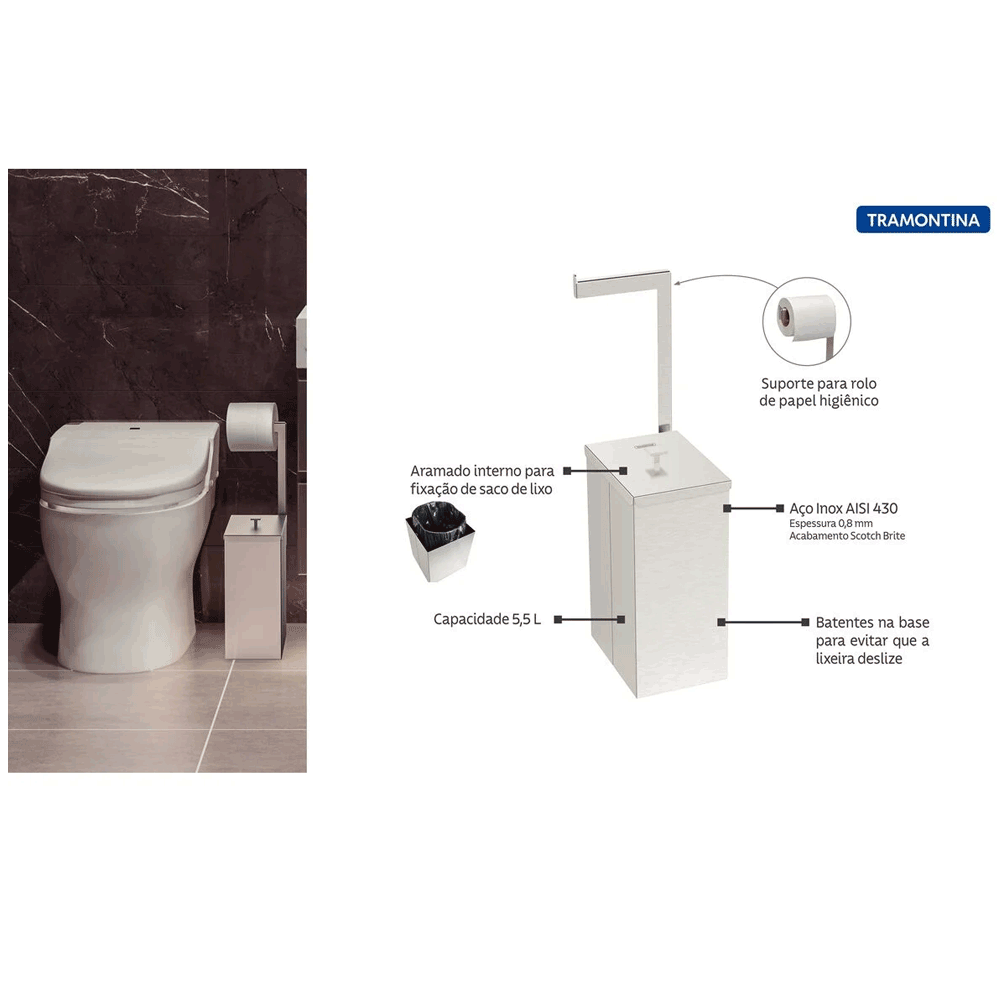 Encontraproduto.com.br - Lixeira em Aço Inox com Suporte para Papel Higiênico Luz Slim de 5.5 Litros Ref.94540082 Black Matte Tramontina