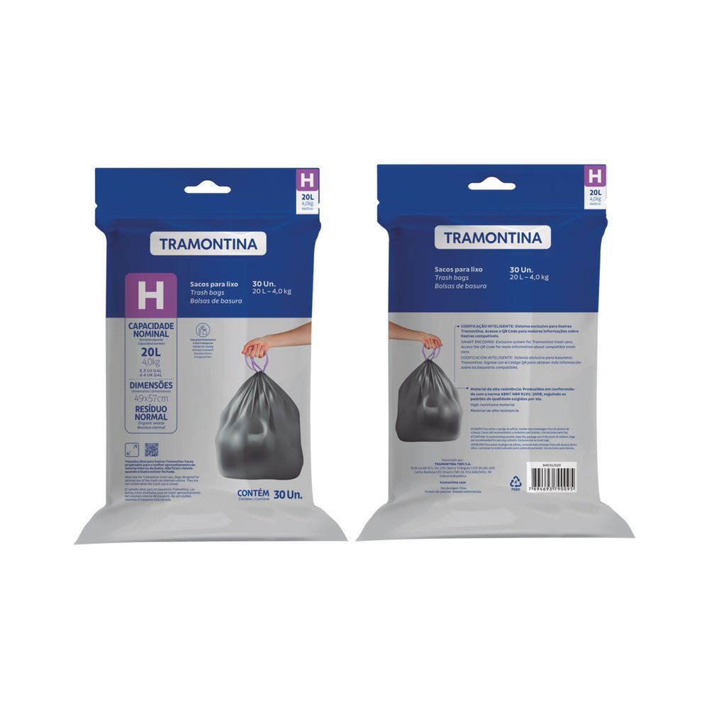 Encontraproduto.com.br - Saco Plástico de Lixo com Alça para Fechamento 20 Litros (H) para Lixeiras Tramontina
