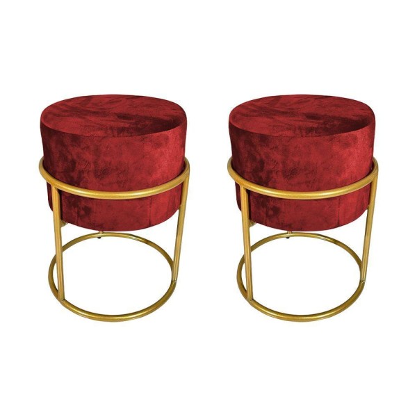 Kit 2 Puffs Decorativos Redondo Base De Ferro Dourada Tecido Veludo Marsala Vermelho