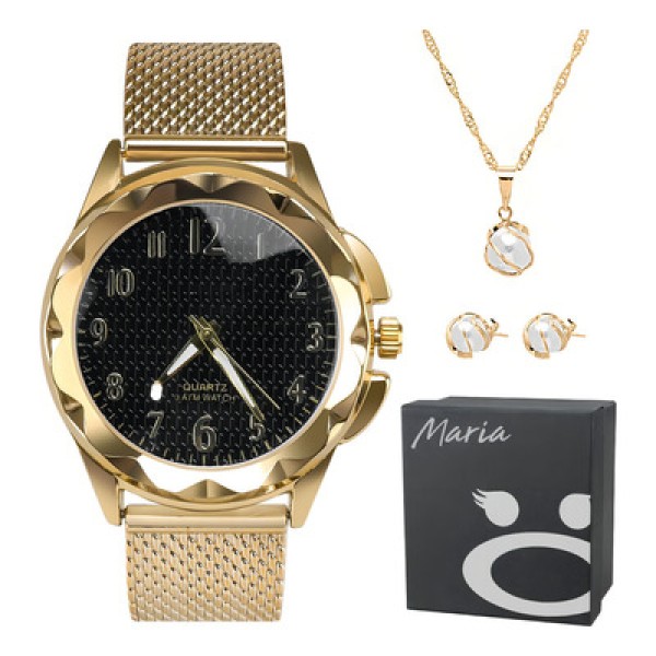 Encontraproduto.com.br - Colar Ouro + Relogio Feminino Prova Dagua Banhado Aço Inoxidavel Social Dourado Casual