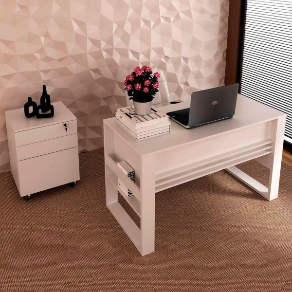 Encontraproduto.com.br - Conjunto Escritório Com Mesa E Gaveteiro Volante Branco