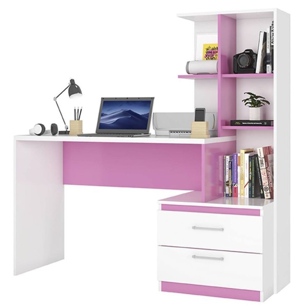 Encontraproduto.com.br - Escrivaninha Para Quarto Infantil Com Estante E 2 Gavetas Poli Branco Com Rosa - Poliman Móveis