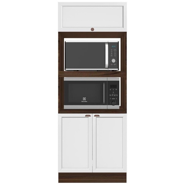 Encontraproduto.com.br - Paneleiro Torre Quente Poliman Unna com Nicho para Forno e Micro-ondas, 3 Portas e 1 Prateleira - Nogueira/Branco