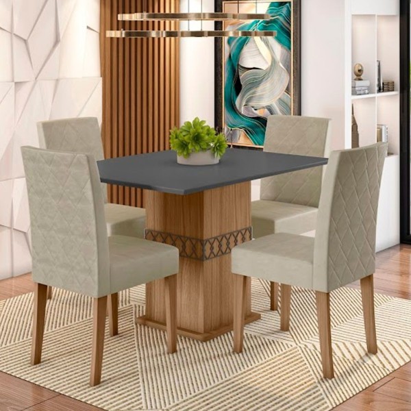 Encontraproduto.com.br - Conjunto Sala De Jantar Mesa E 4 Cadeiras Jade Poliman Carvalho Com Grafite