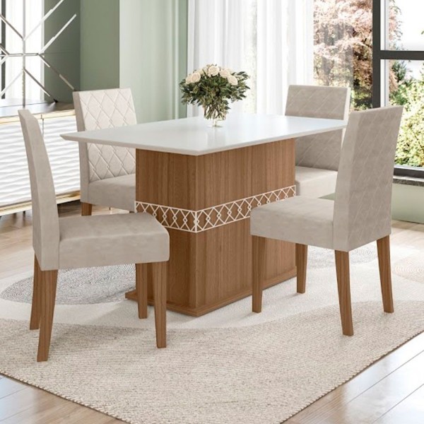 Conjunto Sala De Jantar Mesa Agata 4 Cadeiras Jade Poliman Carvalho Com Off White