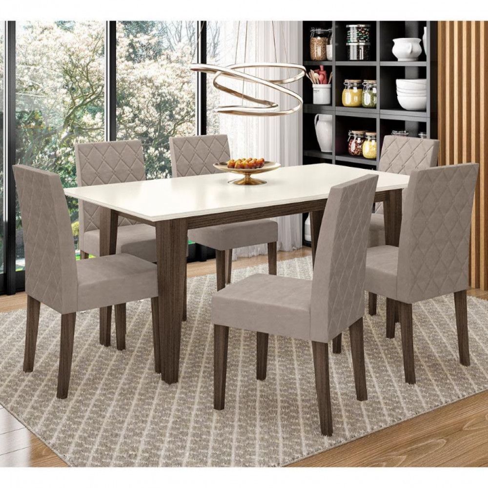 Mesa De Jantar Liz 6 Cadeiras Estofadas E Revestidas Tecido Suede Poliman Amendôla Com Off White
