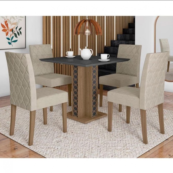 Encontraproduto.com.br - Mesa De Jantar Isis 4 Cadeiras Estofadas E Revestidas Suede Poliman Móveis Carvalho/grafite/preto