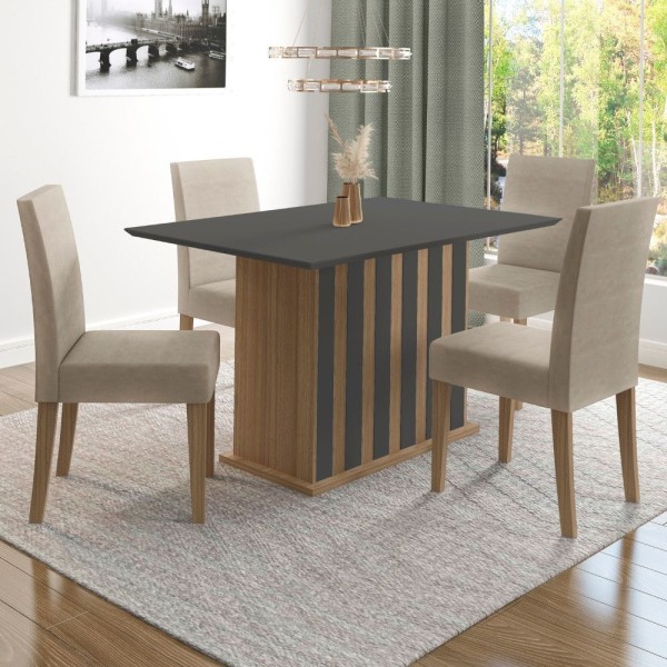 Encontraproduto.com.br - Conjunto Sala De Jantar Retangular Mesa Amalia 136cm E 04 Cadeiras Josi Poliman Carvalho Com Grafite