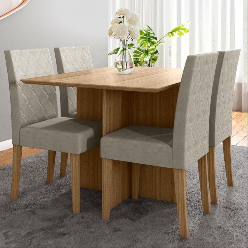 Encontraproduto.com.br - Mesa de Jantar Poliman Helo com 4 Cadeiras Revestidas em Tecido Suede - Carvalho/Suede Fendi