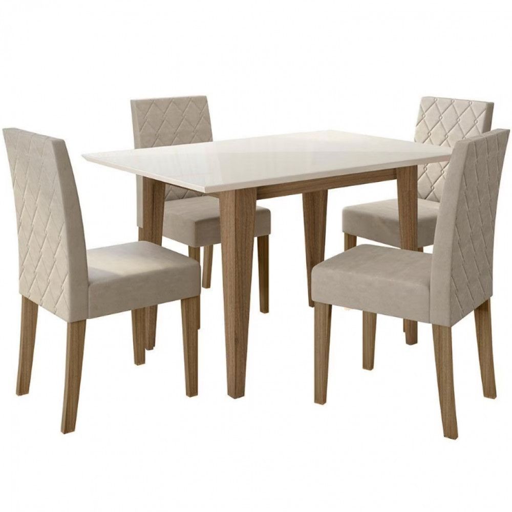 Encontraproduto.com.br - Mesa de Jantar Poliman Kate com Tampo de Vidro e MDP e 4 Cadeiras Revestidas em Tecido Suede