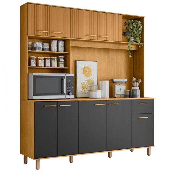 Encontraproduto.com.br - Cozinha Compacta Poliman Nuria com 9 Portas, 1 Gaveta e 4 Prateleiras - 180cm de largura Freijo Ripado/Grafite Acetinado