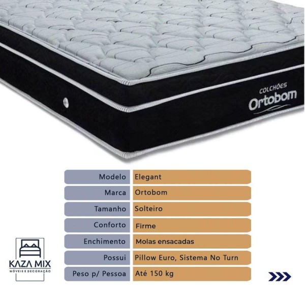Encontraproduto.com.br - Cama Box Preto E Colchão Elegant Molas Ensacadas Solteiro Ortobom