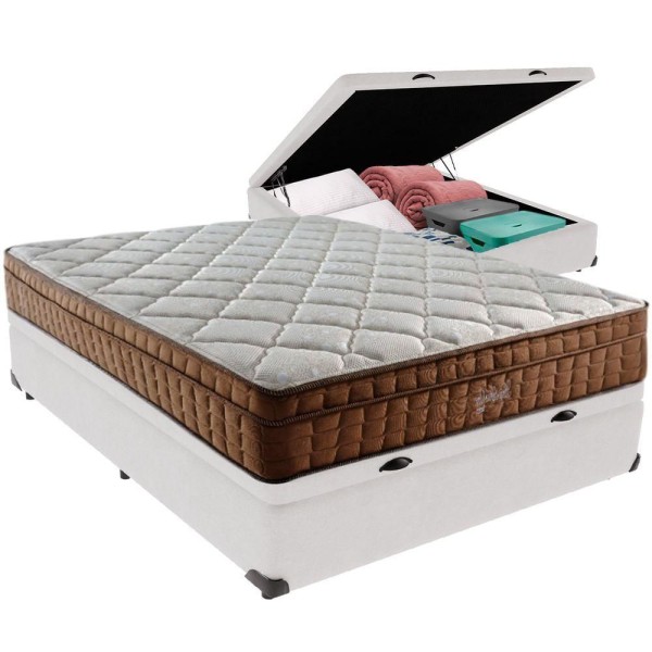 Encontraproduto.com.br - Cama Box Baú Branco E Colchão Anjos Star Pillow In Molas Ensacadas Casal Anjos