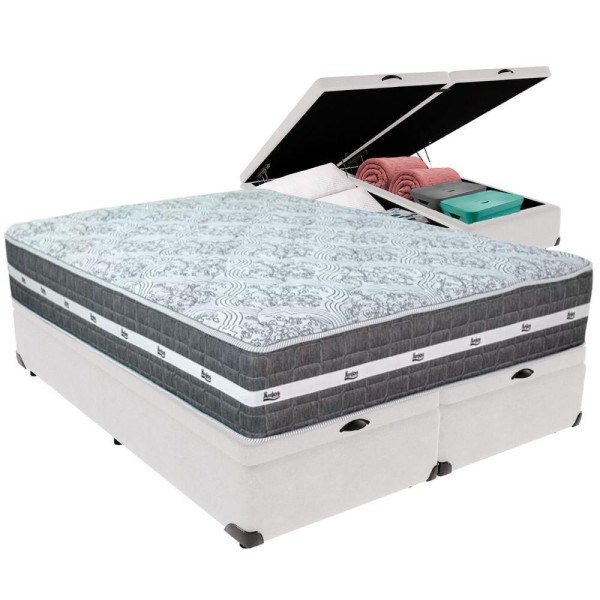 Encontraproduto.com.br - Cama Box Baú Branco E Colchão Black Graphite Molas Ensacadas King 193x203x27 Anjos