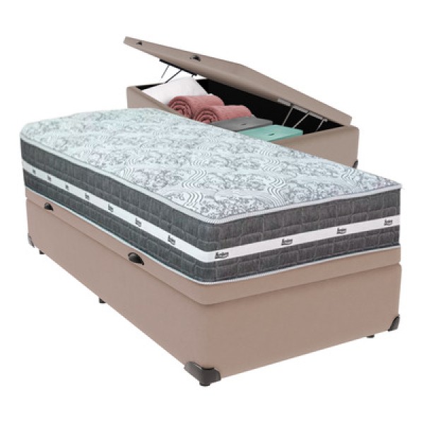 Encontraproduto.com.br - Cama Box Baú Bege E Colchão Black Graphite Molas Ensacadas Solteiro 88x188x32 Anjos