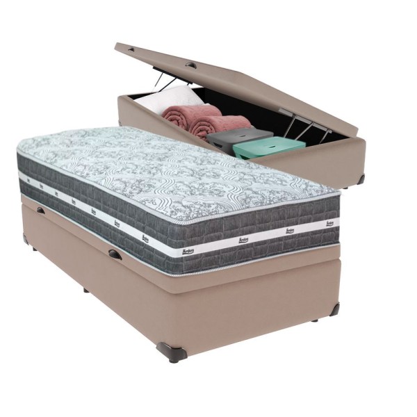 Encontraproduto.com.br - Cama Box Baú Solteiro Bege E Colchão Black Grafite Molas Ensacadas Anjos