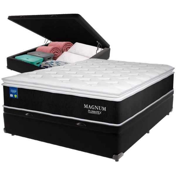 Encontraproduto.com.br - Cama Box Baú Preto E Colchão Magnum Molas Ensacadas Casal Plumatex