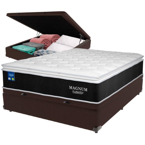 Encontraproduto.com.br - Cama Box Baú Marrom E Colchão Magnum Molas Ensacadas Casal Plumatex
