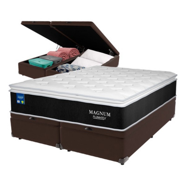 Encontraproduto.com.br - Cama Box Baú Marrom E Colchão Magnum Molas Ensacadas Queen Plumatex