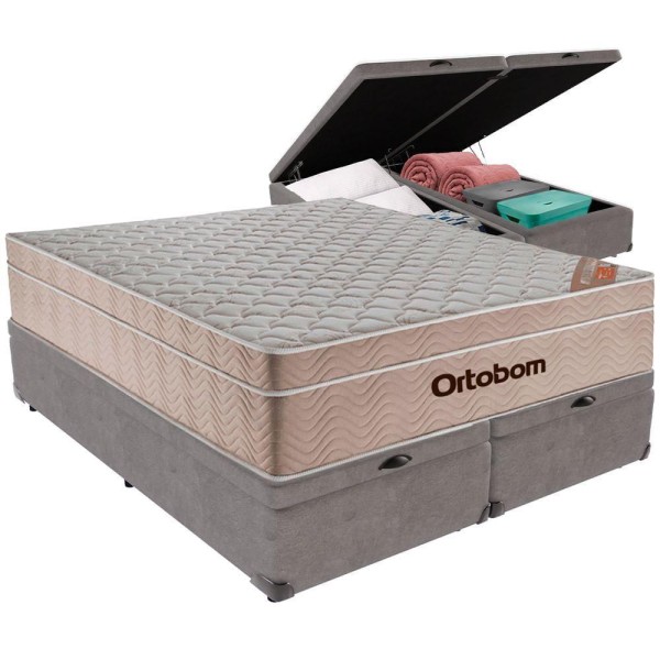 Encontraproduto.com.br - Cama Box Baú E Colchão Airtech Springpocket Molas Ensacadas Queen Ortobom Queen Cinza