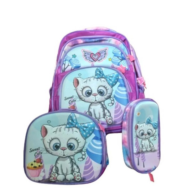 Encontraproduto.com.br - Kit Mochila Escolar Lancheira Estojo Infantil Com Alça Ajustável Feminina Gatinho Com Laço