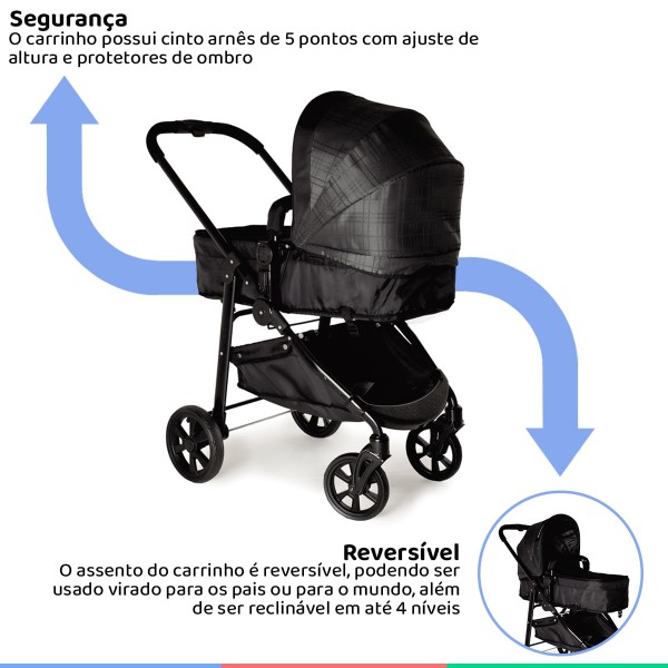 Encontraproduto.com.br - Carrinho Bebe Até 15Kg Infantil Berço Passeio Moises Travel System 3em1 Olympus Galzerano Xadrez + Bebê Conforto + Base