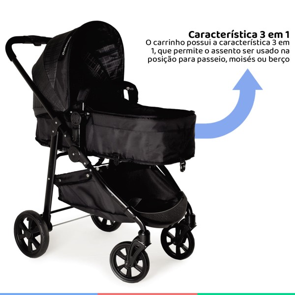 Encontraproduto.com.br - Carrinho Bebe Até 15Kg Infantil Berço Passeio Moises Travel System 3em1 Olympus Galzerano Xadrez + Bebê Conforto + Base