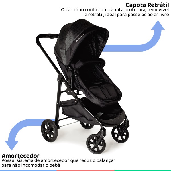 Encontraproduto.com.br - Carrinho Bebe Até 15Kg Infantil Berço Passeio Moises Travel System 3em1 Olympus Galzerano Xadrez + Bebê Conforto + Base