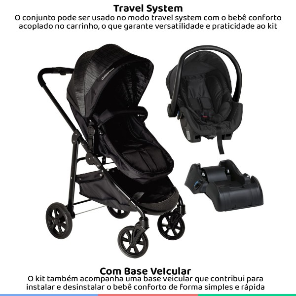 Encontraproduto.com.br - Carrinho Bebe Até 15Kg Infantil Berço Passeio Moises Travel System 3em1 Olympus Galzerano Xadrez + Bebê Conforto + Base