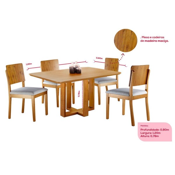 Encontraproduto.com.br - Conjunto Sala De Jantar 4 Lugares Vitoria E Madeira Maciça Amendoa Móveis Mix Amendoa