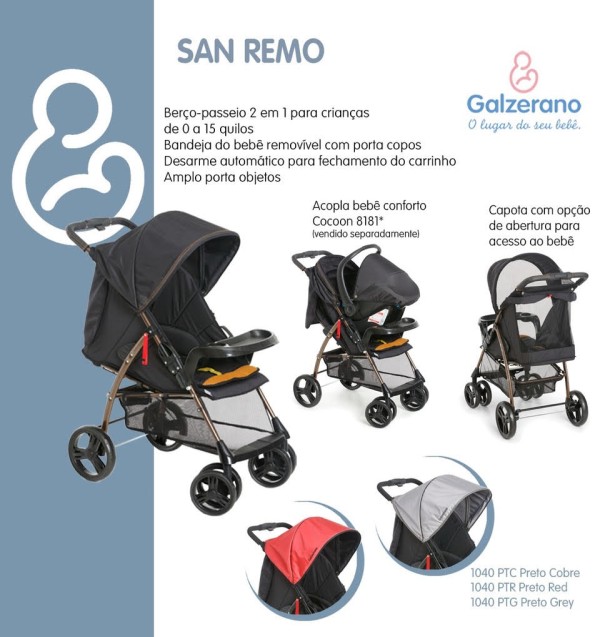 Encontraproduto.com.br - Carrinho de Bebê Passeio 2 em 1 Nascimento Até 15Kg Travel System Berço San Remo Galzerano + Bebê Conforto Cocoon + Base