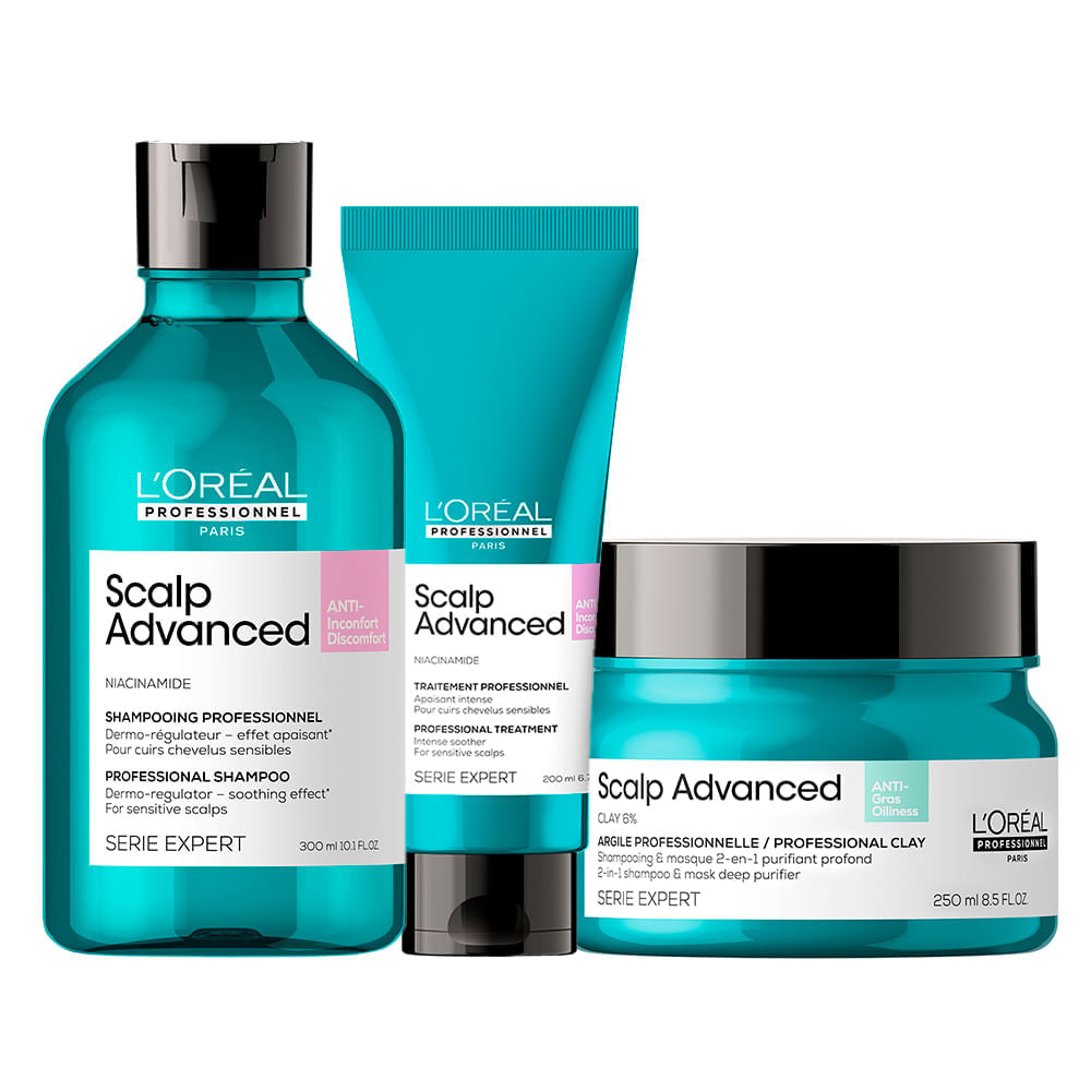 Encontraproduto.com.br - Kit LOréal Professionnel  Serie Expert Scalp Advanced - Shampoo 300 ml + Tratamento Calmante Intensivo 200 ml + Máscara de Tratamento 2 em 1 250 ml