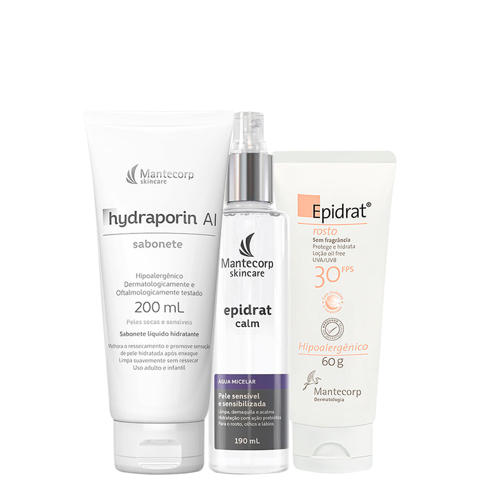 Kit Facial Mantecorp Epidrat - Sabonete de Limpeza Hydraporin 200 g + Água Micelar 190 ml + Creme Hidratante e Antioxidante FPS 30 60 g
