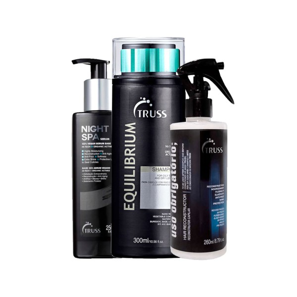 Encontraproduto.com.br - Kit Truss - Tratamento de Reconstrução Uso Obrigatório 260ml + Shampoo Equilibrium 300ml + Sérum Night Spa 250ml