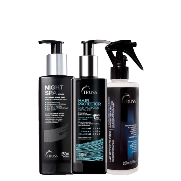 Encontraproduto.com.br - Kit Truss - Sérum Night Spa 250ml + Leave-in Finish Hair Protector 250ml + Tratamento de Reconstrução Uso Obrigatório 260ml