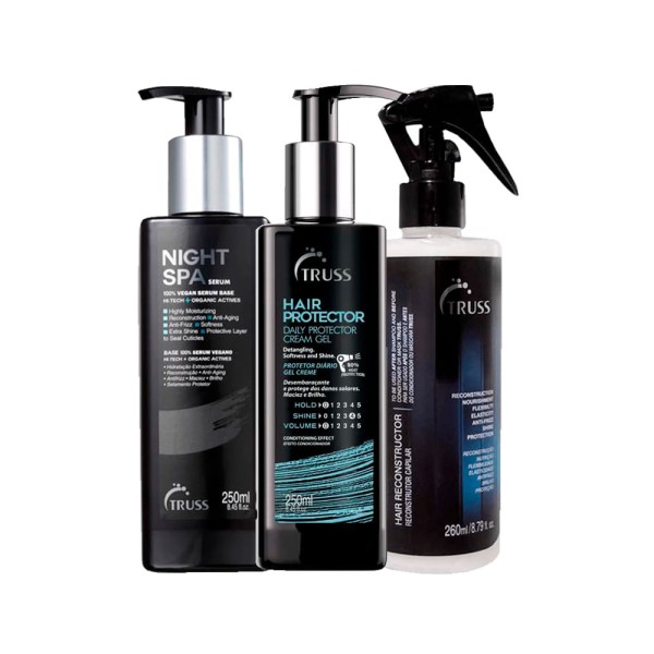 Encontraproduto.com.br - Kit Truss - Sérum Night Spa 250ml + Leave-in Finish Hair Protector 250ml + Tratamento de Reconstrução Uso Obrigatório 260ml