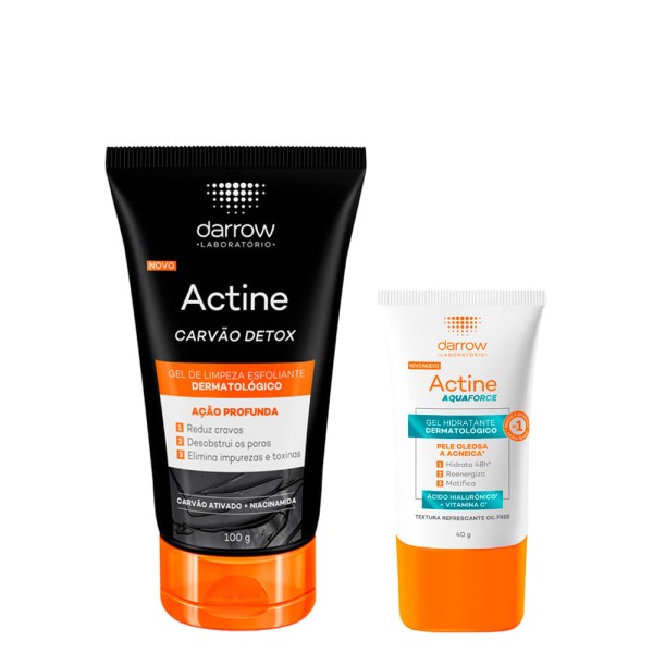 Kit Facial Darrow Actine Para Peles Oleosas e Acneicas - Gel de Limpeza Esfoliante Carvão Detox 100 G + Gel Hidratante Facial Aquaforce 40 G