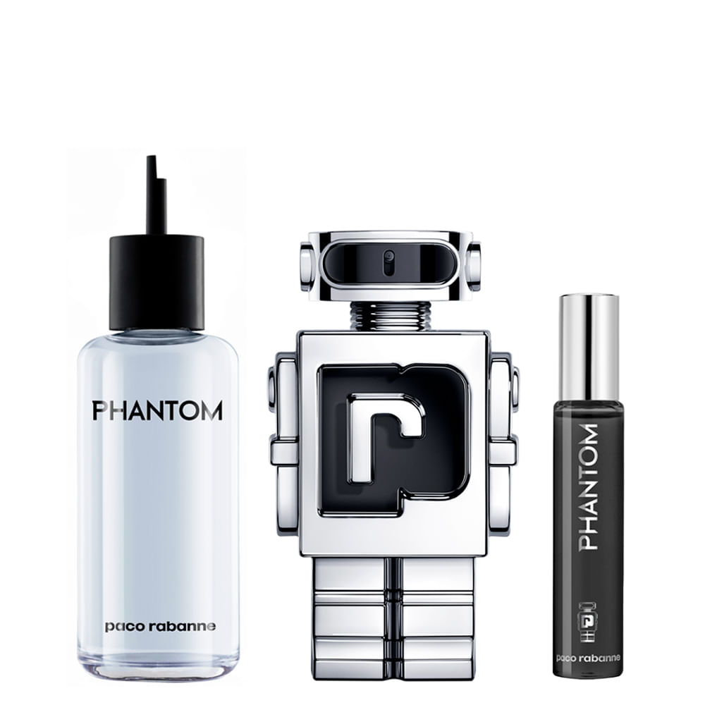 Encontraproduto.com.br - Kit Perfume Paco Rabanne Phantom Masculino Eau de Toilette 200 ml Refil + Perfume 80 ml Recarregável + Perfume 15 ml