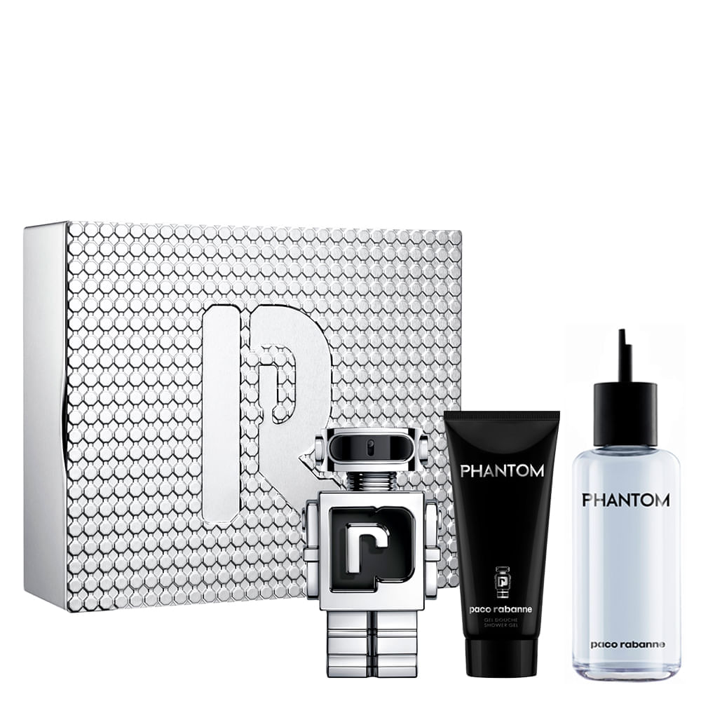 Encontraproduto.com.br - Kit Perfume Paco Rabanne Phantom Masculino Eau de Toilette 100 ml + Gel de Banho 100 ml + Perfume 200 ml Refil
