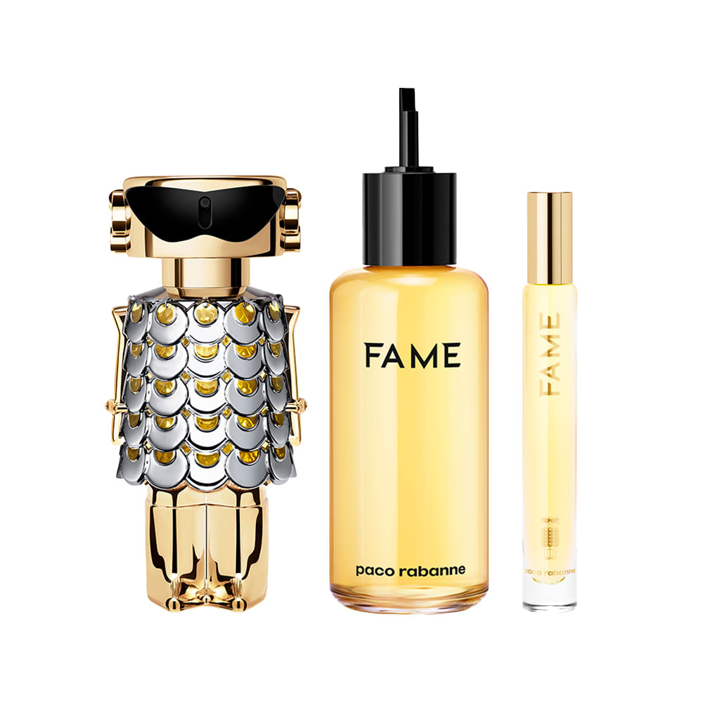 Encontraproduto.com.br - Kit Perfume Paco Rabanne Fame Eau de Parfum Feminino 10 ml + Perfume 200 ml Refil + Perfume 80 ml Regarregável
