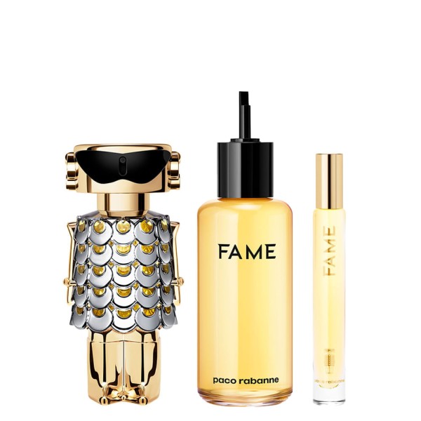 Encontraproduto.com.br - Kit Perfume Paco Rabanne Fame Eau de Parfum Feminino 10 ml + Perfume 200 ml Refil + Perfume 80 ml Regarregável