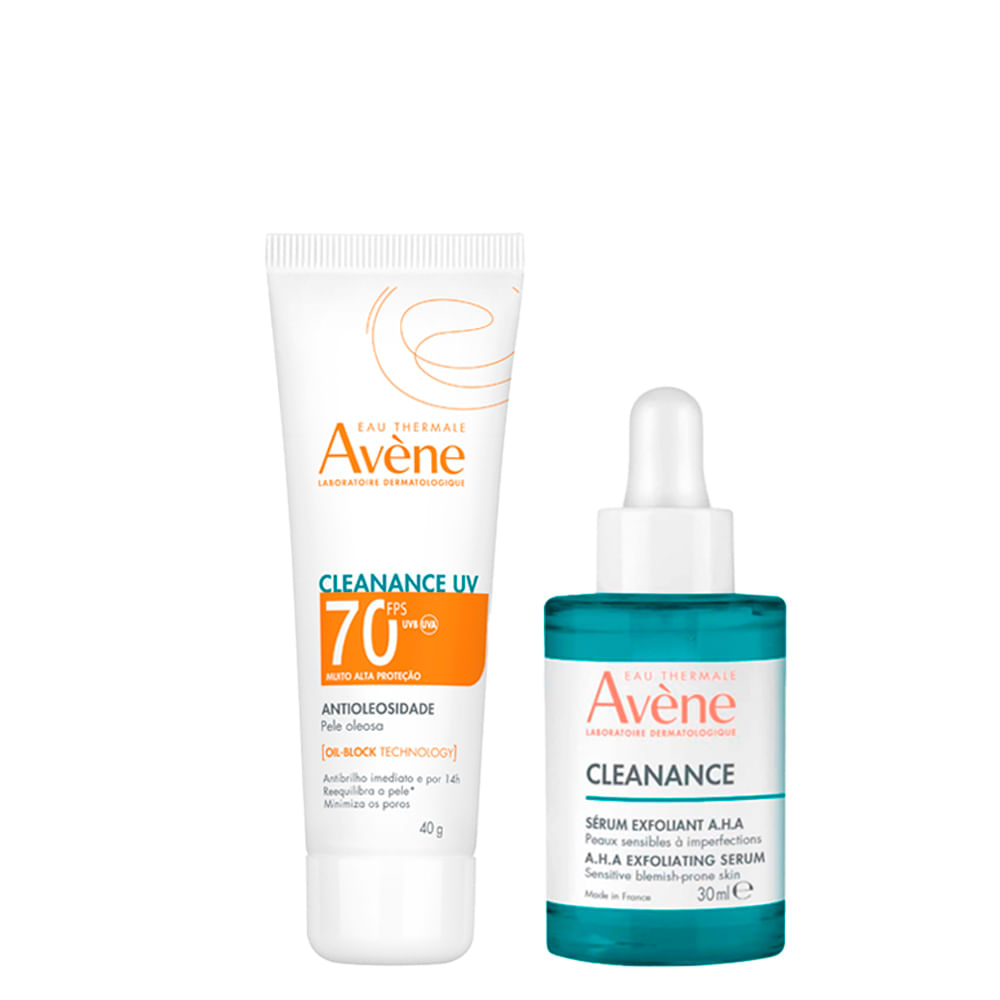 Kit Avène Facial Cleanance Eau Thermale A.H.A Sérum Esfoliante + Eau Thermale Uv Protetor Solar Fps70