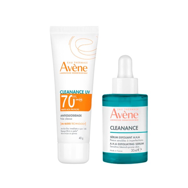 Encontraproduto.com.br - Kit Avène Facial Cleanance Eau Thermale A.H.A Sérum Esfoliante + Eau Thermale Uv Protetor Solar Fps70