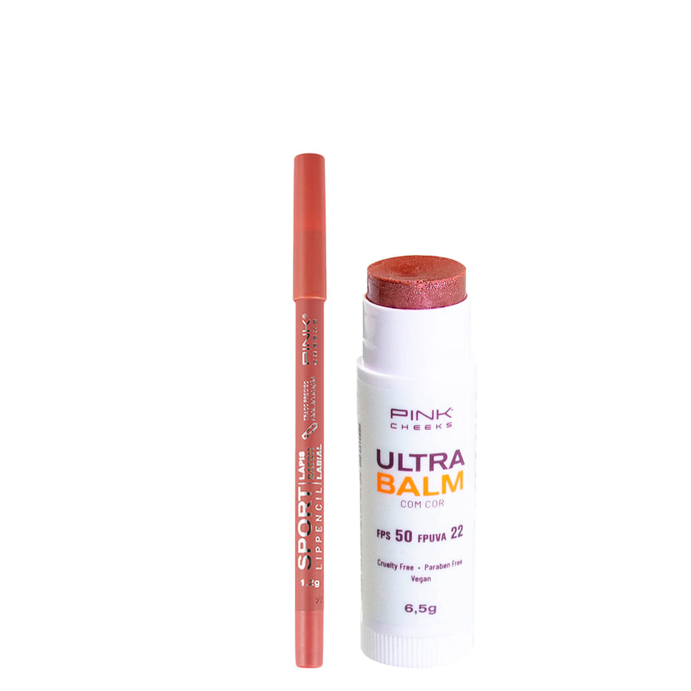 Encontraproduto.com.br - Kit Pink Cheeks -  Lápis Labial Sport Lip Pencil Nude 1,2 g + Lip Balm Hidratante Ultra Balm Fps 50 Fpuva 22 Be Rose 6,5 g