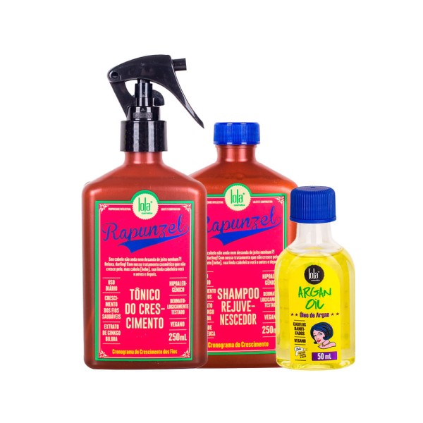 Encontraproduto.com.br - Kit Lola From Rio - Leave-In Argan Oil  50 ml + Shampoo Rapunzel  250 ml + Tônico Rapunzel  250 ml