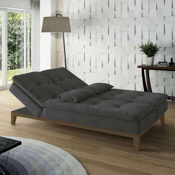 Encontraproduto.com.br - Sofá-Cama 3 Lugares Casal Amanda com Pés de Madeira Suede Cinza