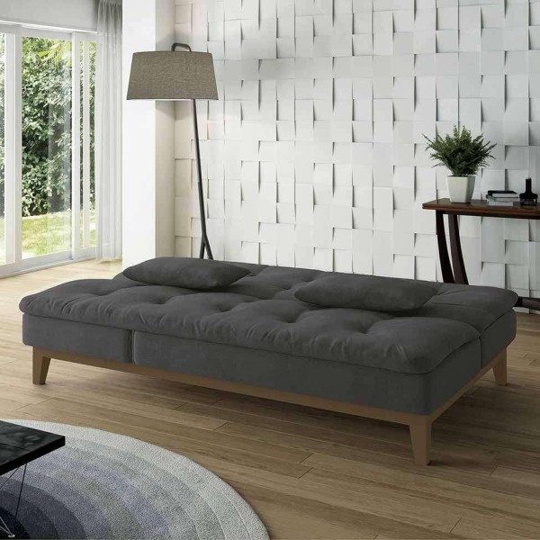 Encontraproduto.com.br - Sofá-Cama 3 Lugares Casal Amanda com Pés de Madeira Suede Cinza