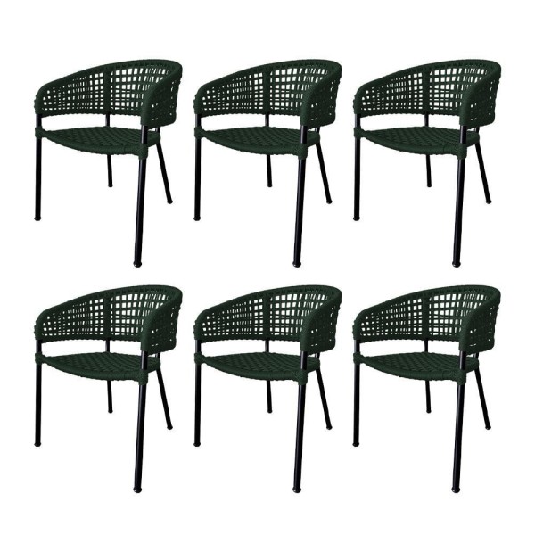 Encontraproduto.com.br - Kit 6 Cadeiras Sol Corda Náutica Base Em Alumínio Preto-verde Musgo - Cor: Verde